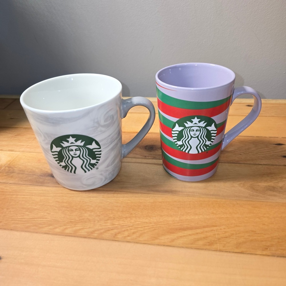 Starbucks 2020 Mug Set 18oz Marble Swirl & 11oz Lavender Red Green Stripe Mug